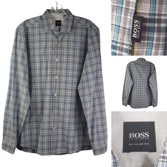 Hugo Boss Mens Regular Fit Medium Long Sleeve Plaid Button Down Shirt - Picture 1 of 9
